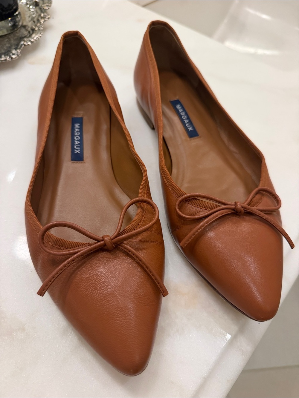 Margaux Pointed-Toe Leather Ballet Flats in Cognac Brown